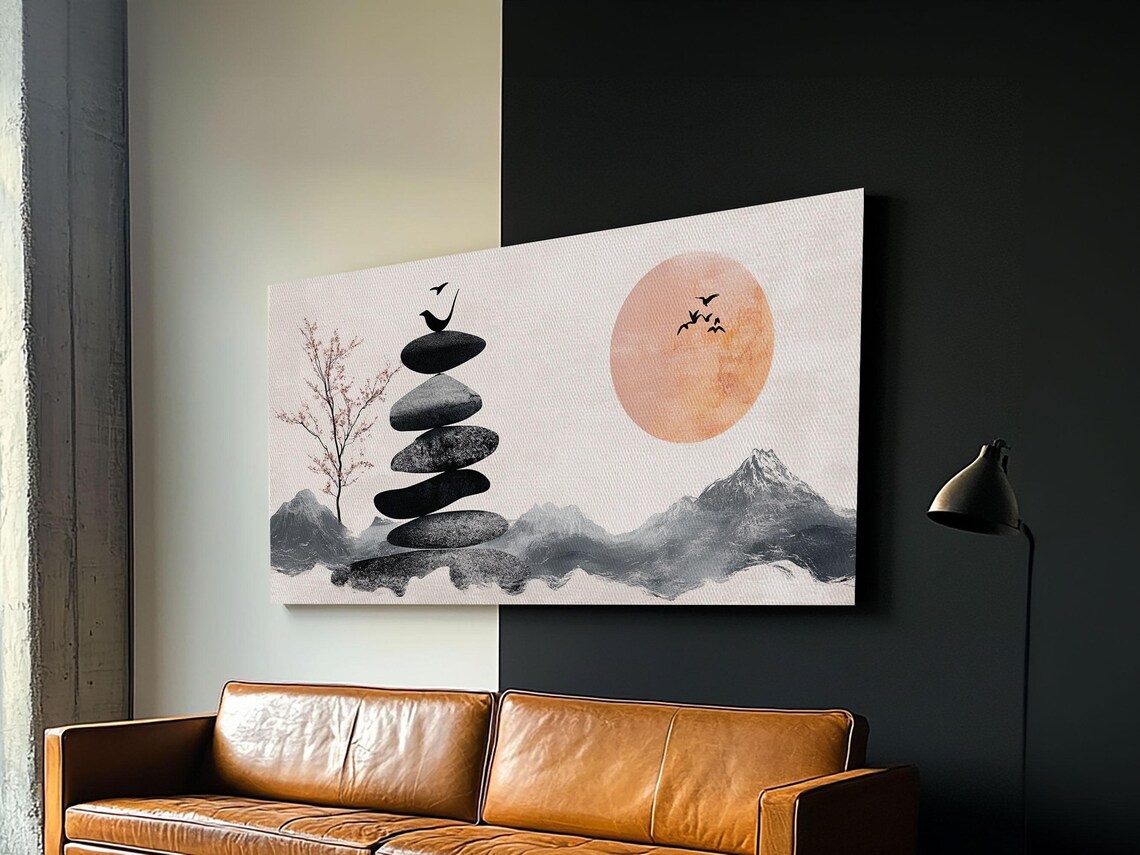 Wabi Sabi Birds On Stone Cairn Japanese Zen Ink Minimalist Poster - Image 3