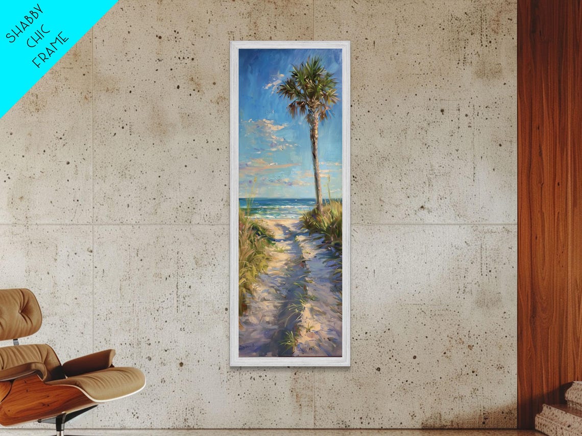 Palm Tree Beach Path Ocean View Golden Hour Coastal Scene Wall Art - Image 4
