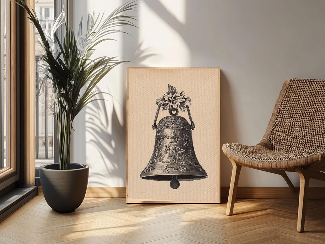 Vintage Christmas Bell Holly Etching Antique Sepia Holiday Art Poster