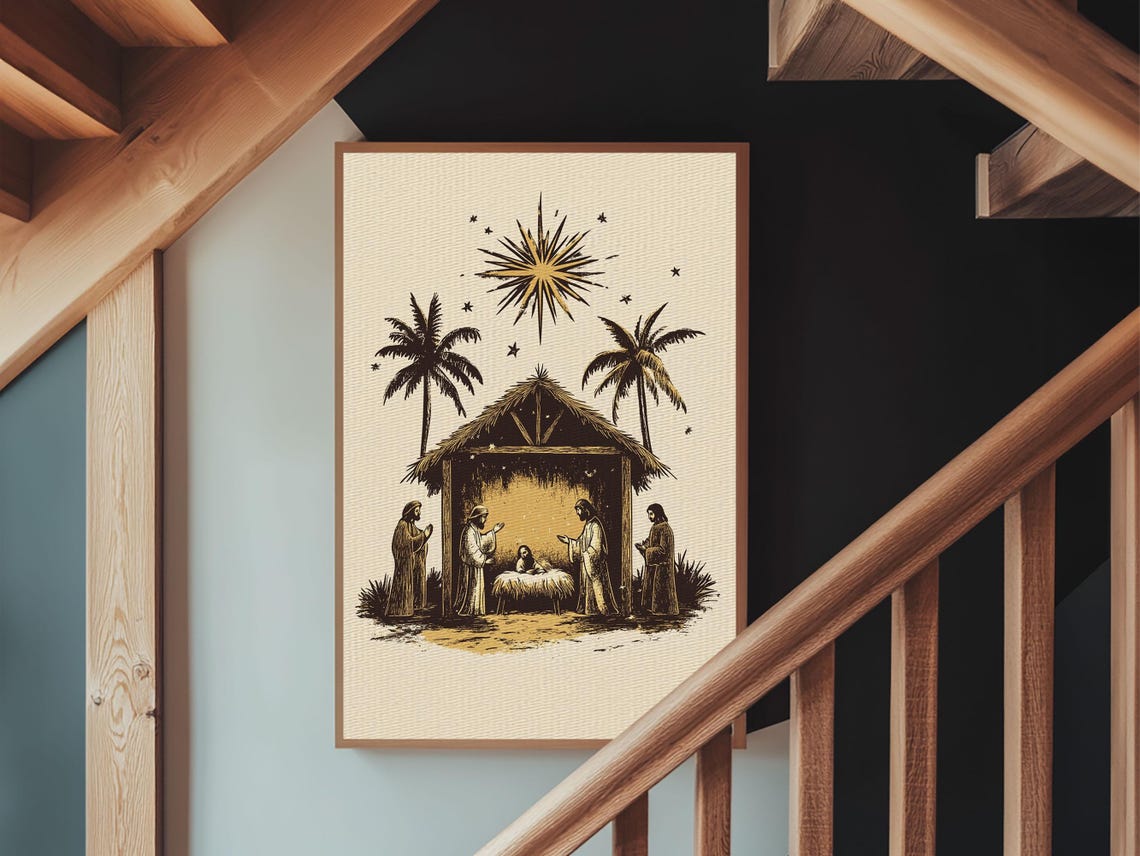 Vintage Nativity Scene Silhouette With Star Christmas Art Poster - Image 4