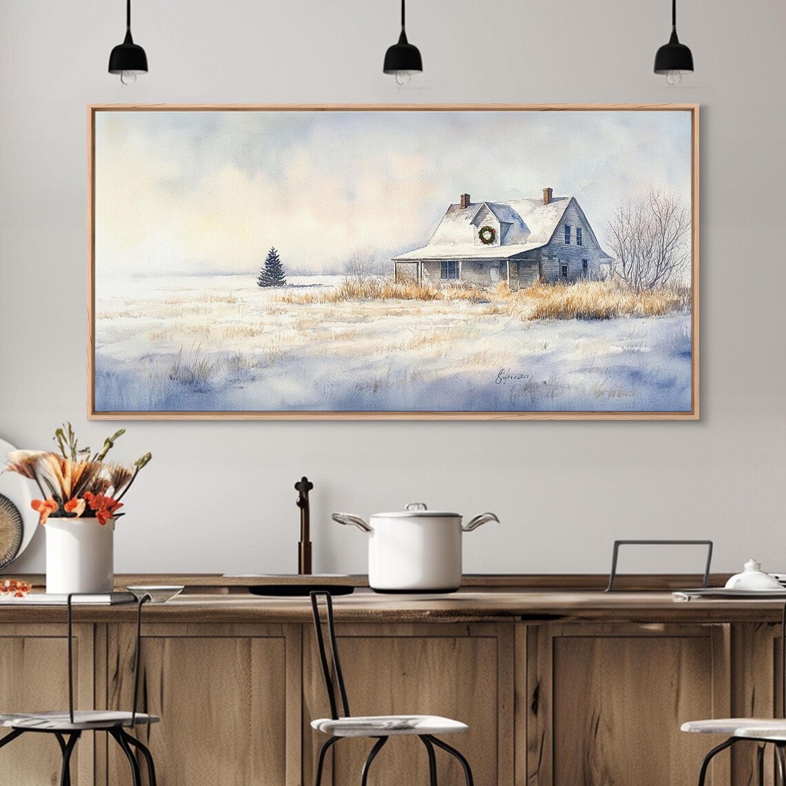 Silent Winter Farmhouse Snow Field Wreath Dawn Golden Wheat Art Poster - Image 2