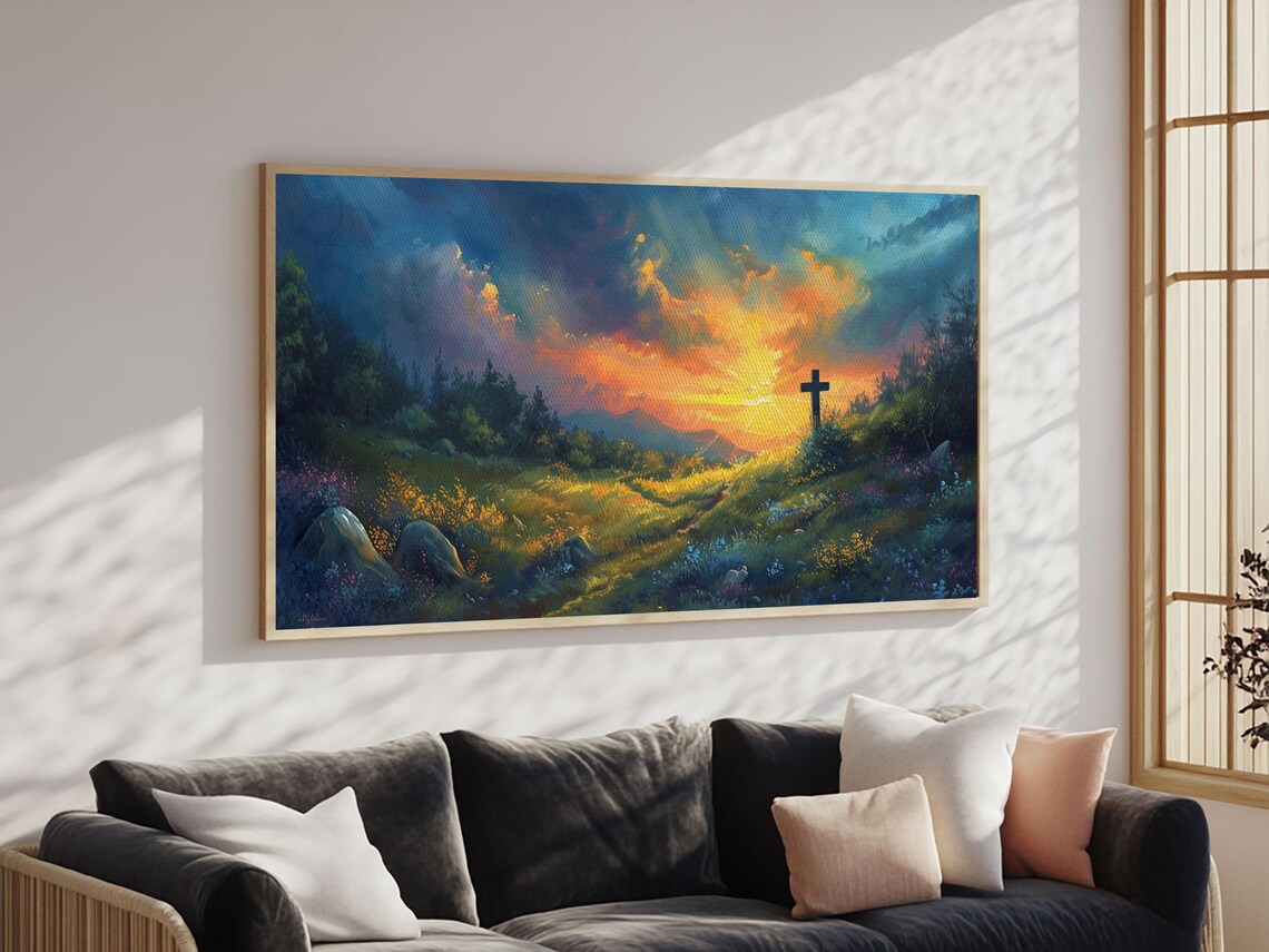 Christian Cross On Hill Sunset Meadow Oil Painting Faith Print - Image 6