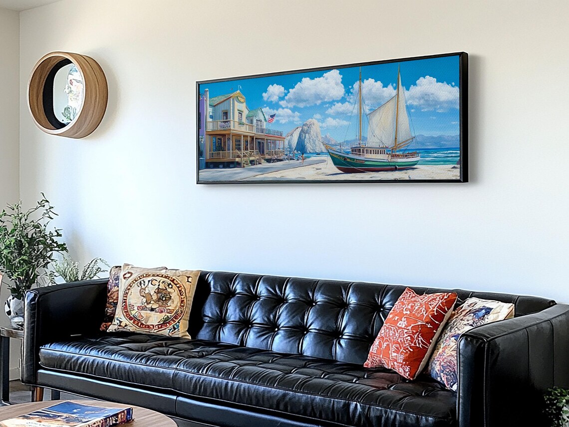 Maine Coastal Town Sailboat Harbor Panoramic Seascape Painting Poster - Image 6