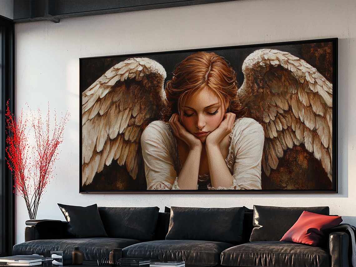 Pensive Angel Golden Feathered Wings Moody Renaissance Art Poster - Image 3