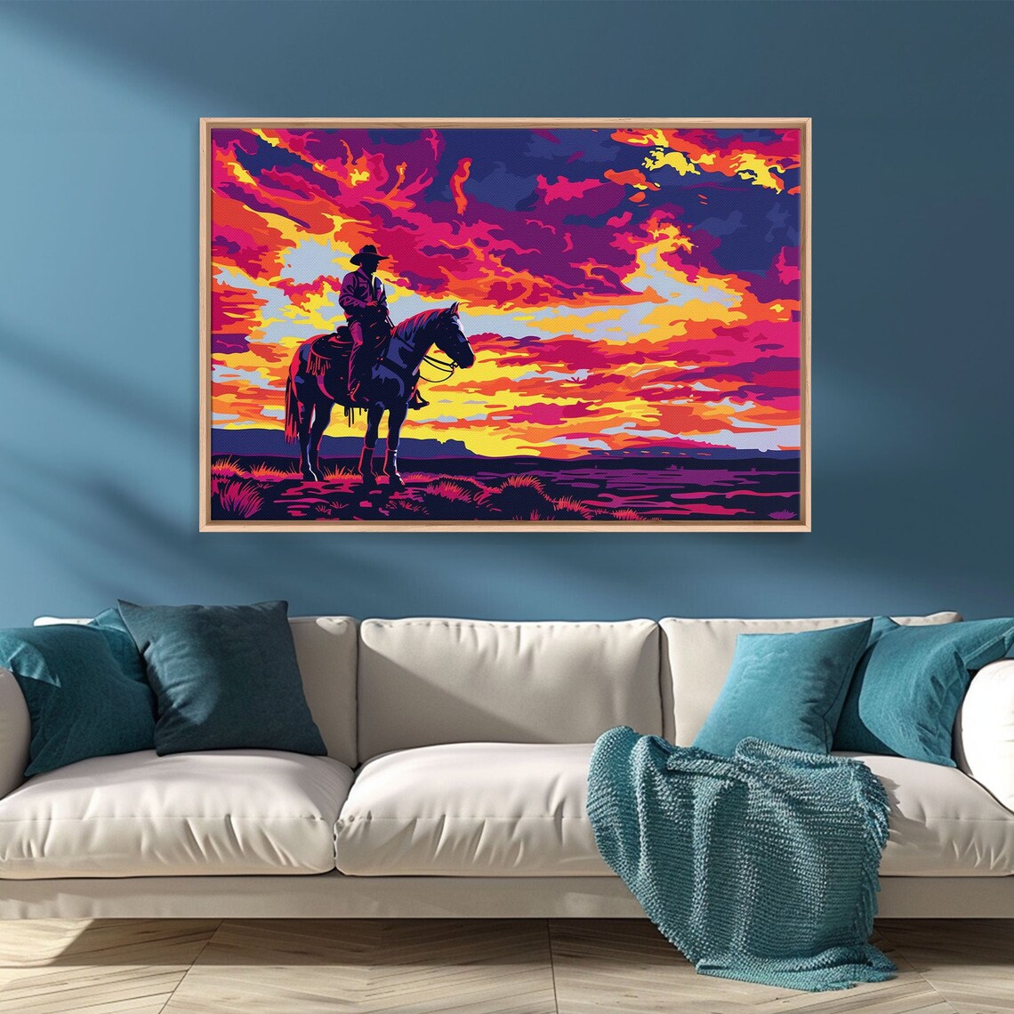 Cowboy on Horseback Magenta Sunset Pop Art Western Wall Art Poster