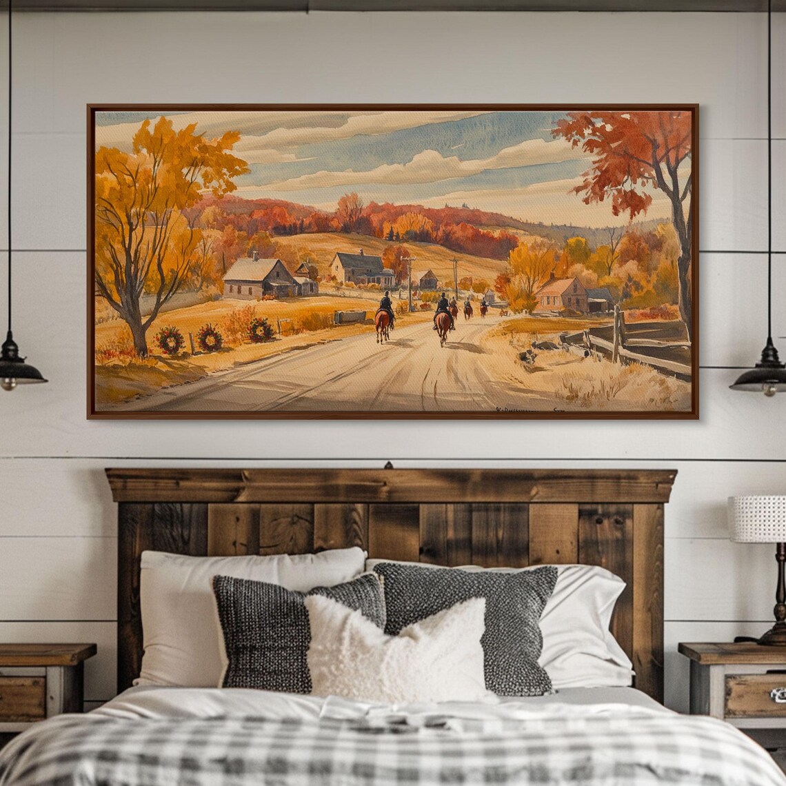 Horseback Riders Approaching Golden Autumn Farm Village Art Print - Image 4