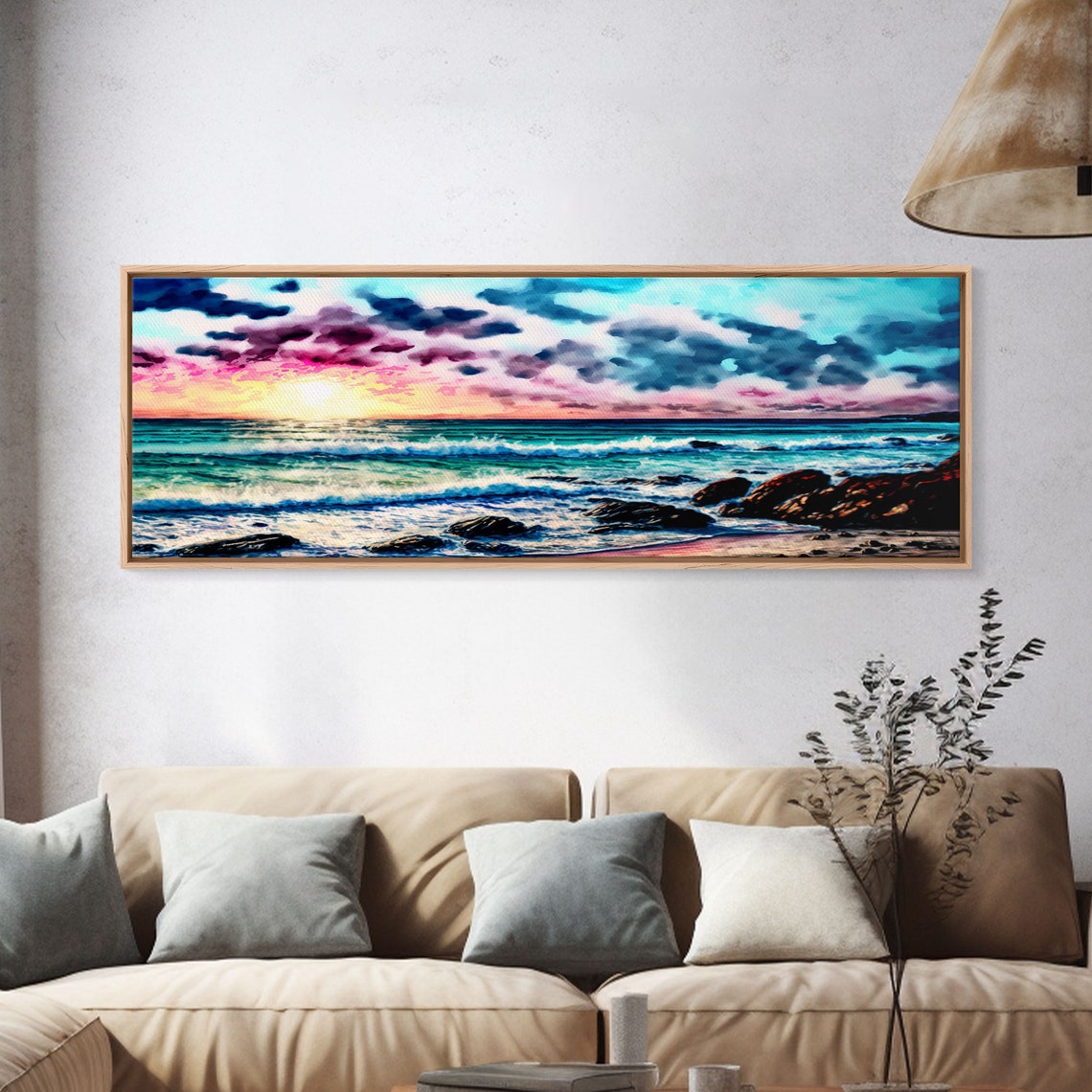 Panoramic Vibrant Beach Sunset Magenta Clouds Rocky Shore Waves Poster - Image 4