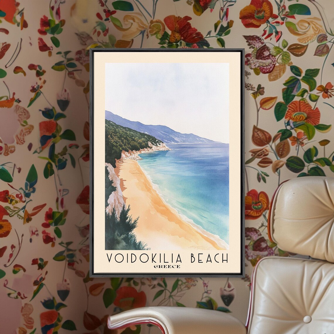 Voidokilia Beach Greece Omega Bay Golden Sand Watercolor Travel Poster