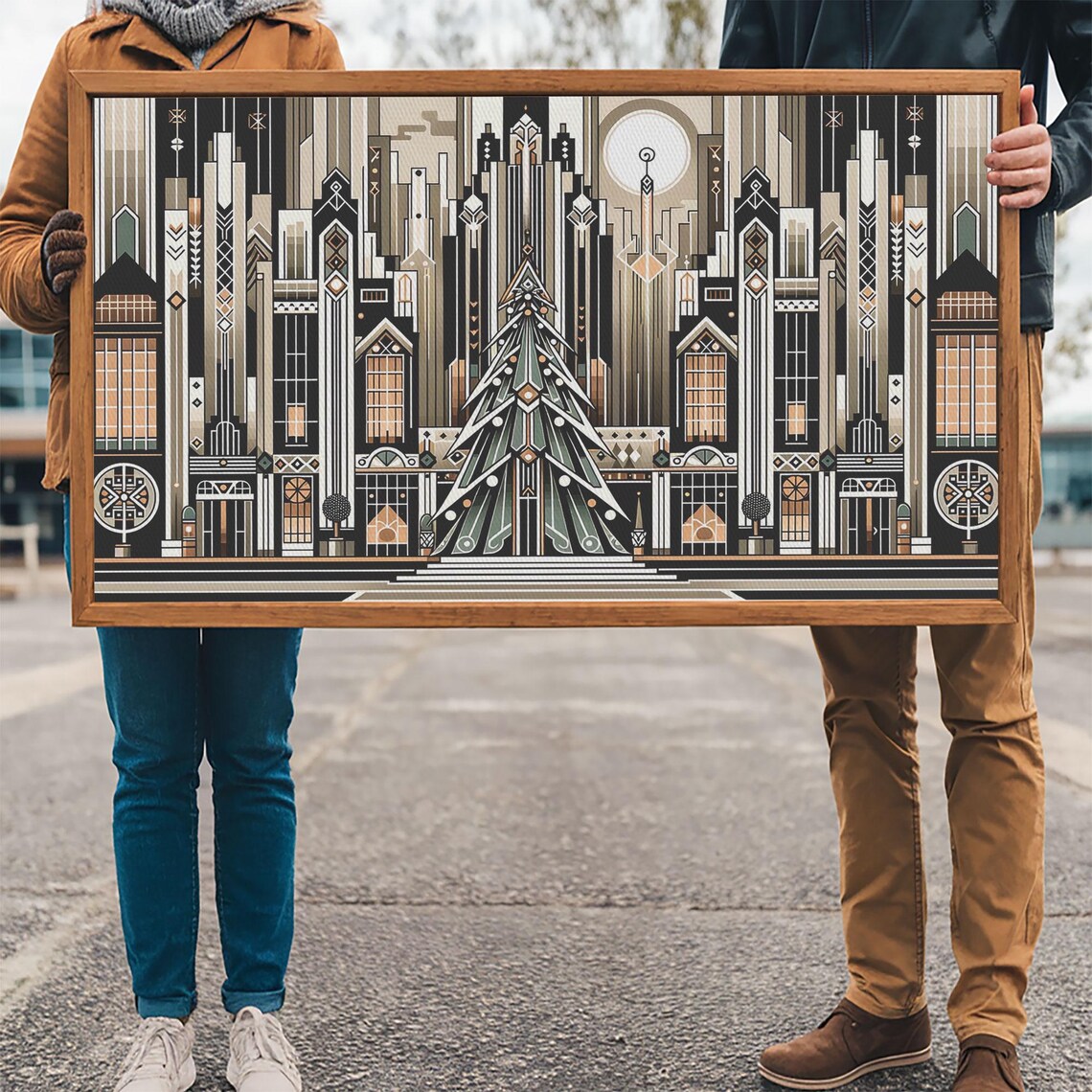 Art Deco Christmas Village Retro Holiday Art Print - Image 3