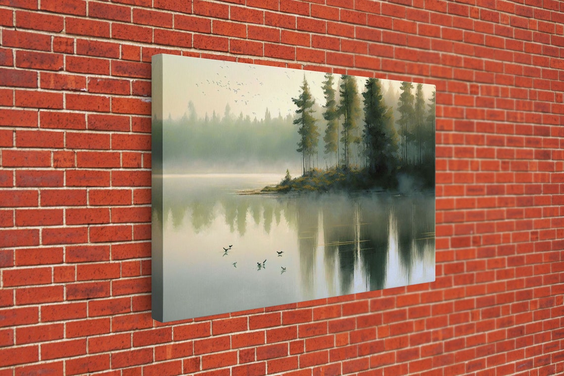 Misty Morning Lake Pine Trees Foggy Water Reflections Birds Art Poster - Image 3