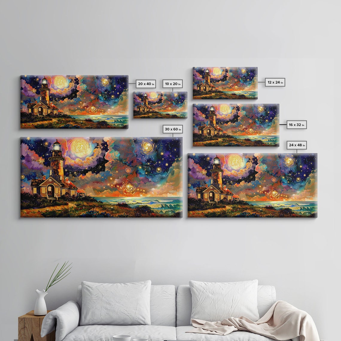 Colorful Lighthouse Under Starry Galaxy Sky Midcentury Style Art Print - Image 2