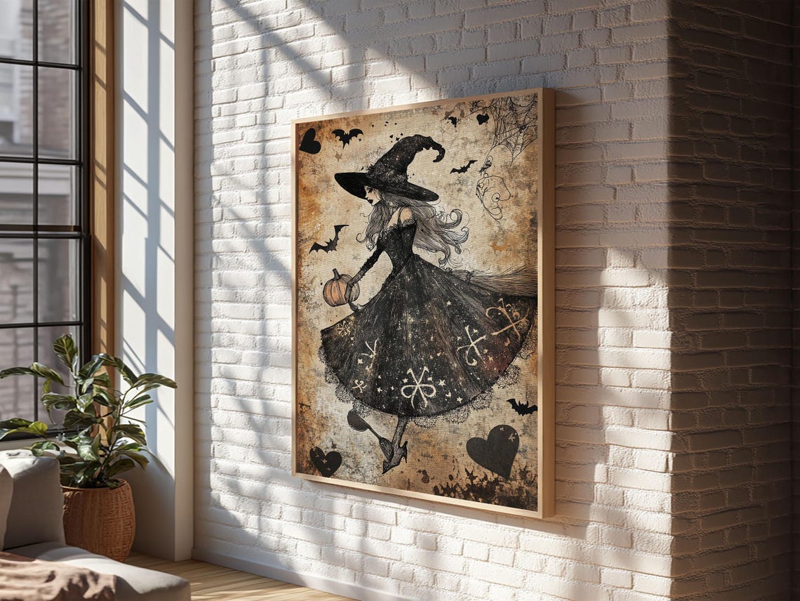 Elegant Vintage Witch With Pumpkin Bats Sepia Halloween Art Print - Image 3