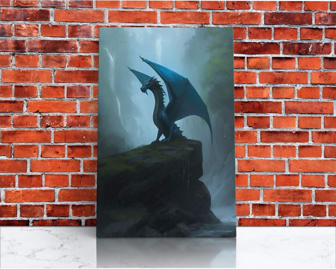 Blue Dragon Cliff Waterfall Misty Forest Fantasy Creature Art Poster - Image 2