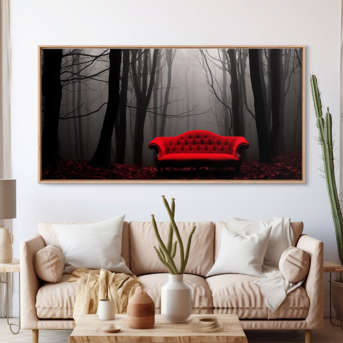 Red Sofa in a Forest, Creepy Halloween Art Print - Image 3