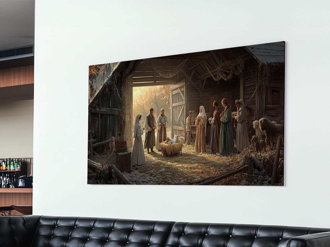 Nativity Scene In Rustic Barn Holy Family Christmas Painting Poster