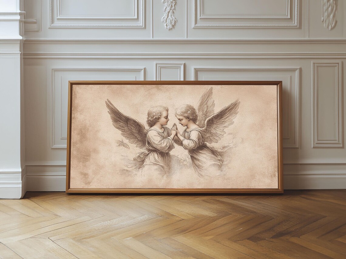 Guardian Angel Sketch Print Two Cherubs Praying Together Sepia Wall Art - Image 2