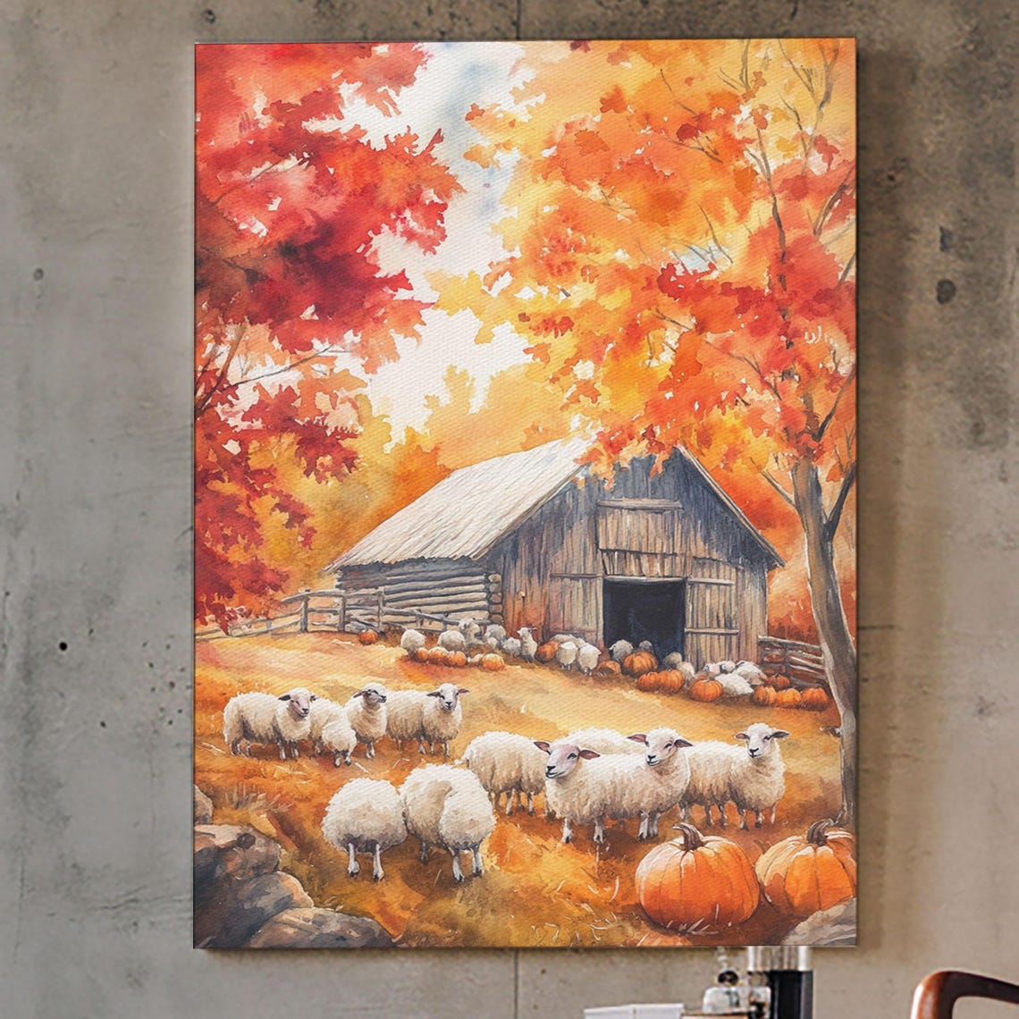 Sheep Farm In Fall With Pumpkins And Rustic Barn Scene Poster - Image 3