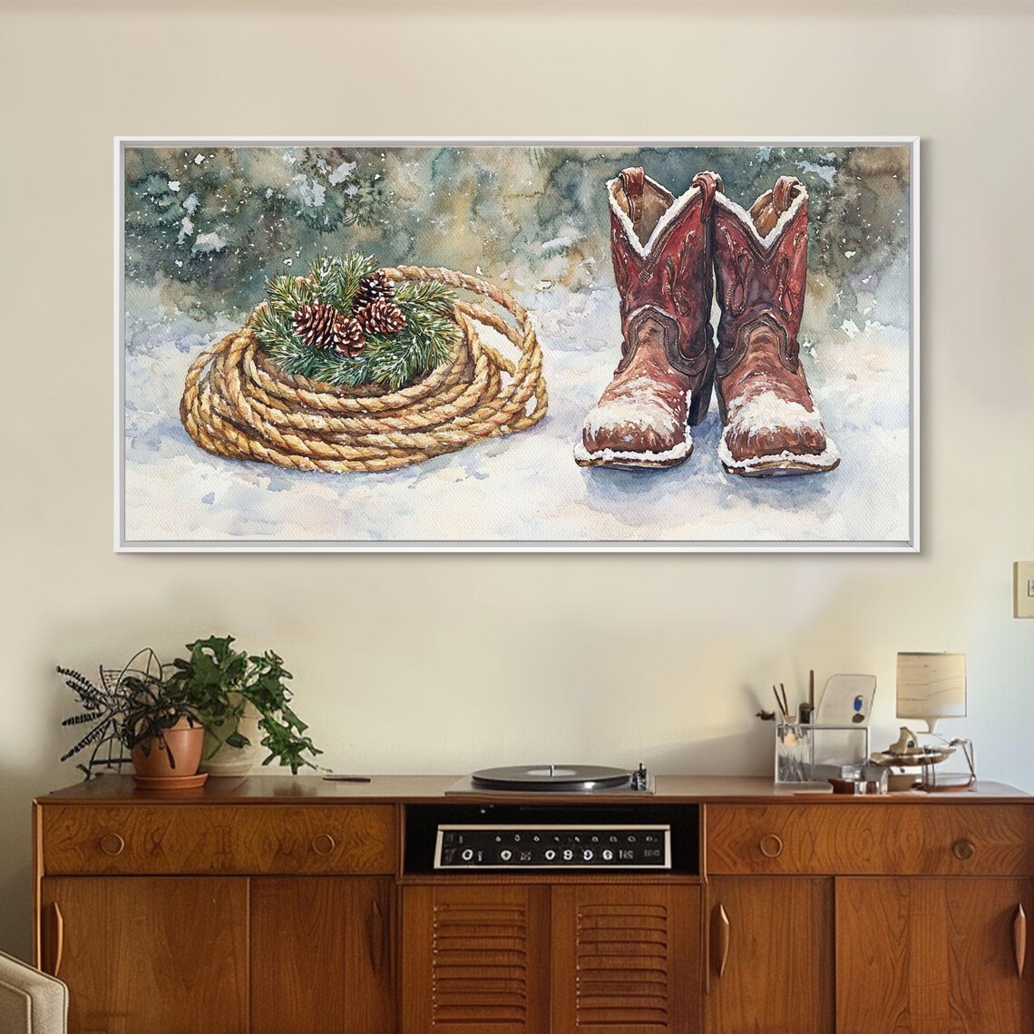 Cowboy Boots Lasso Pine Cones Snow Western Christmas Art Print - Image 5