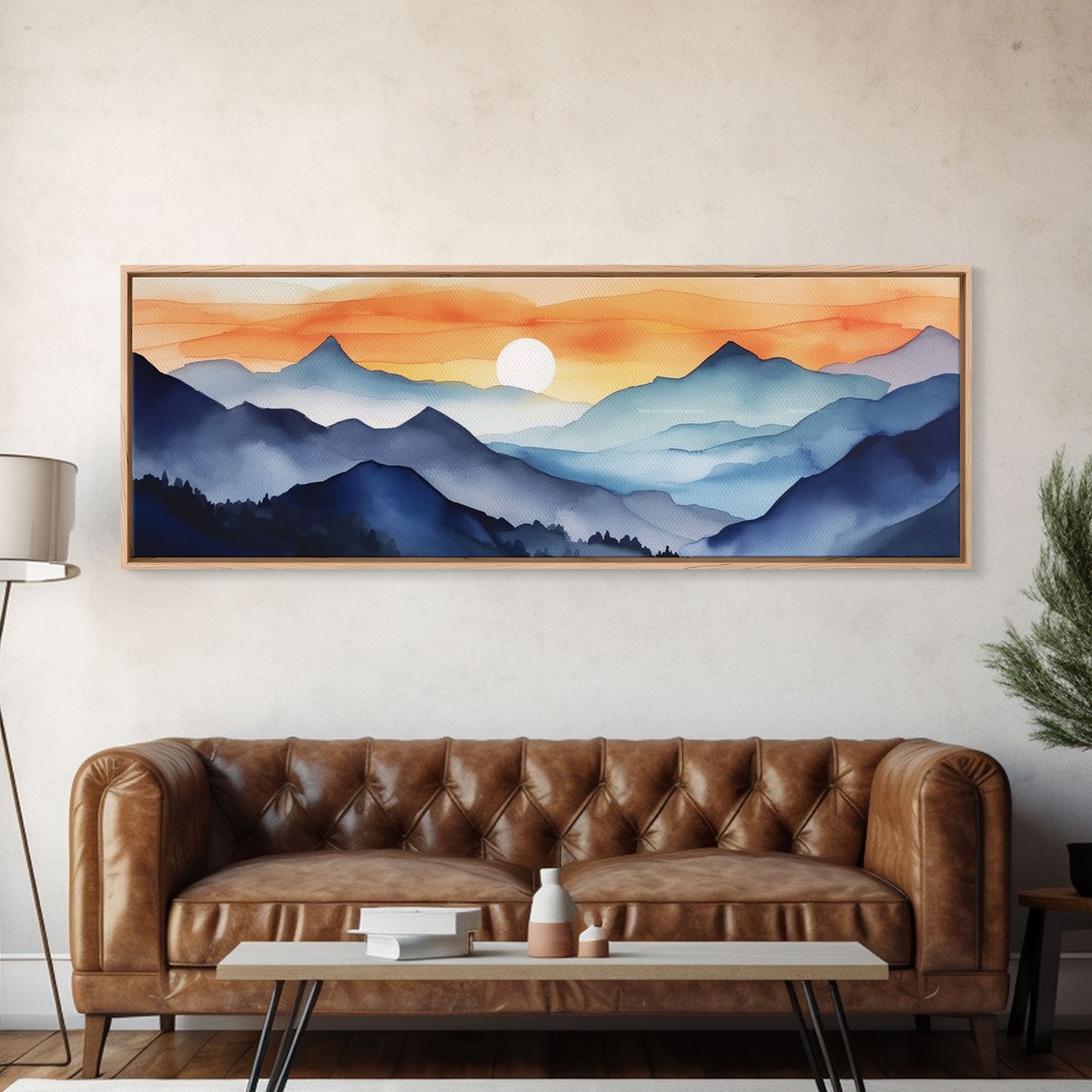 Blue Mountain Ranges Sunset Watercolor Layered Panoramic Poster