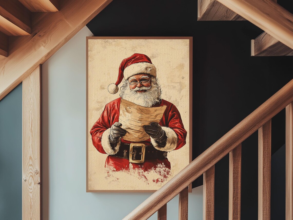 Santa Claus Reading His Long Christmas List Vintage Holiday Art Poster - Image 2