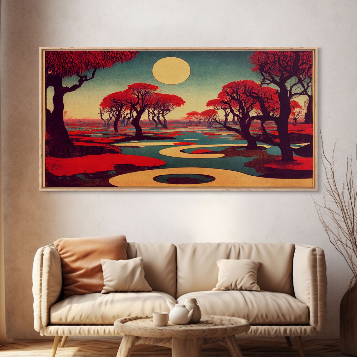 Psychedelic Crimson Red Cherry Blossom Trees Ready To Hang Print Framed Wall Art - Image 4