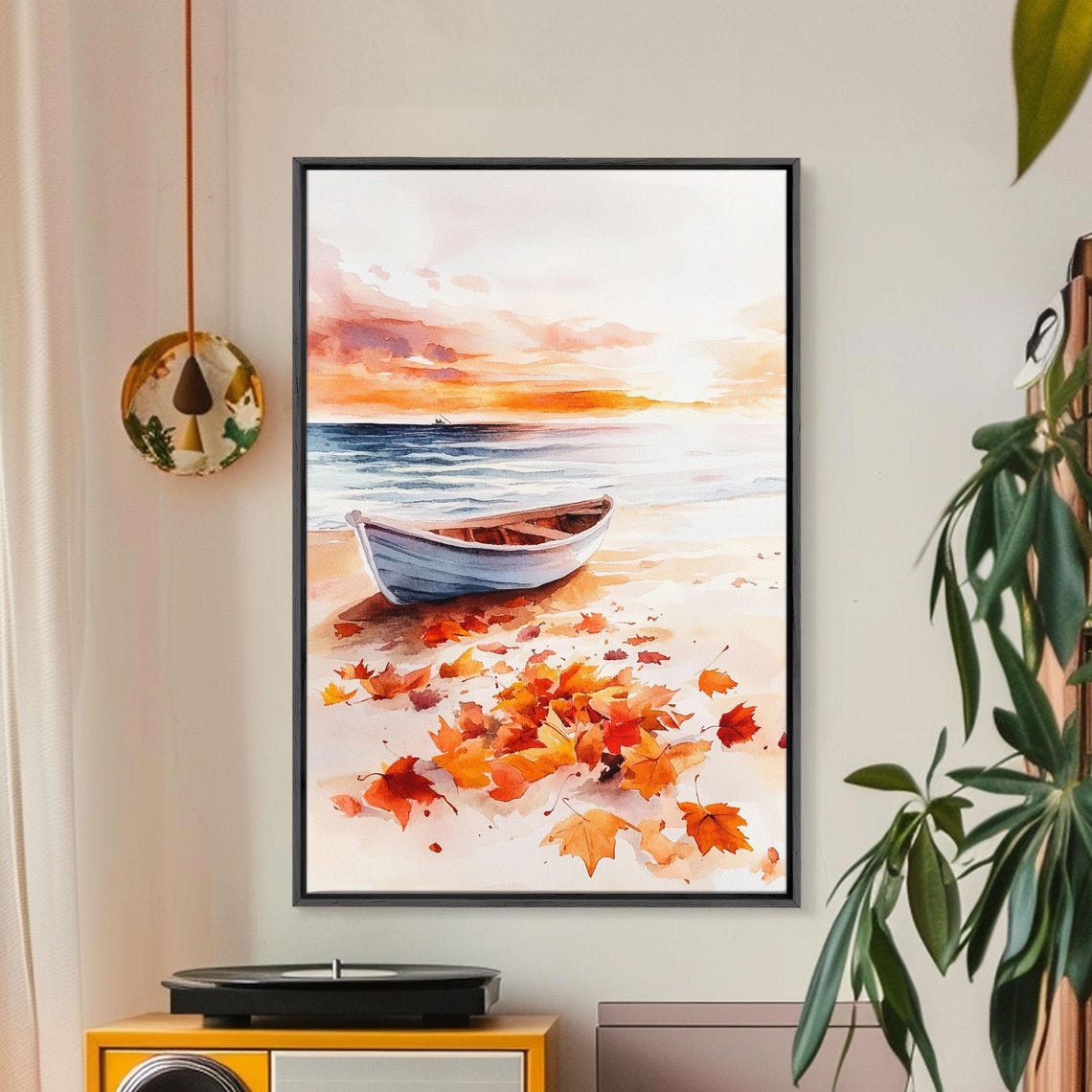 Wooden Rowboat On Beach With Autumn Leaves At Sunset Fall Poster - Image 5
