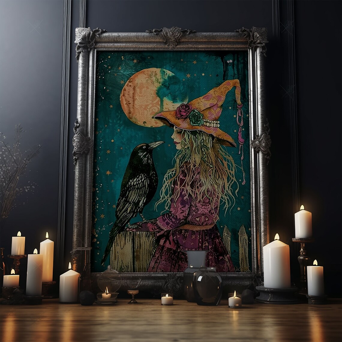 Witch With Crow Under Full Moon Teal Starry Night Magic Illustration Poster - Image 5