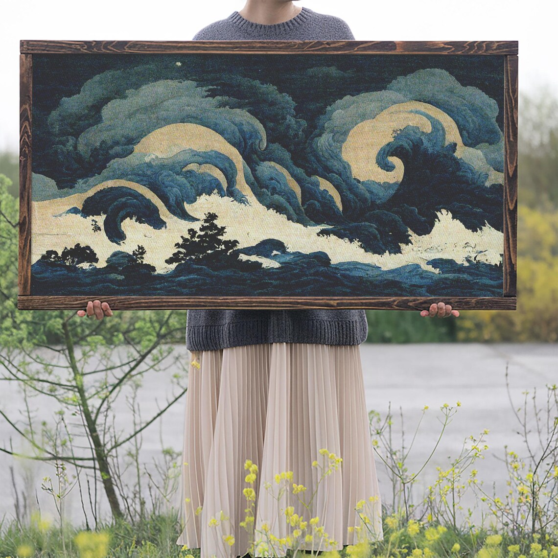 Japanese Style Stormy Sea Crashing Indigo Waves Pine Dramatic Wall Art Poster - Image 2