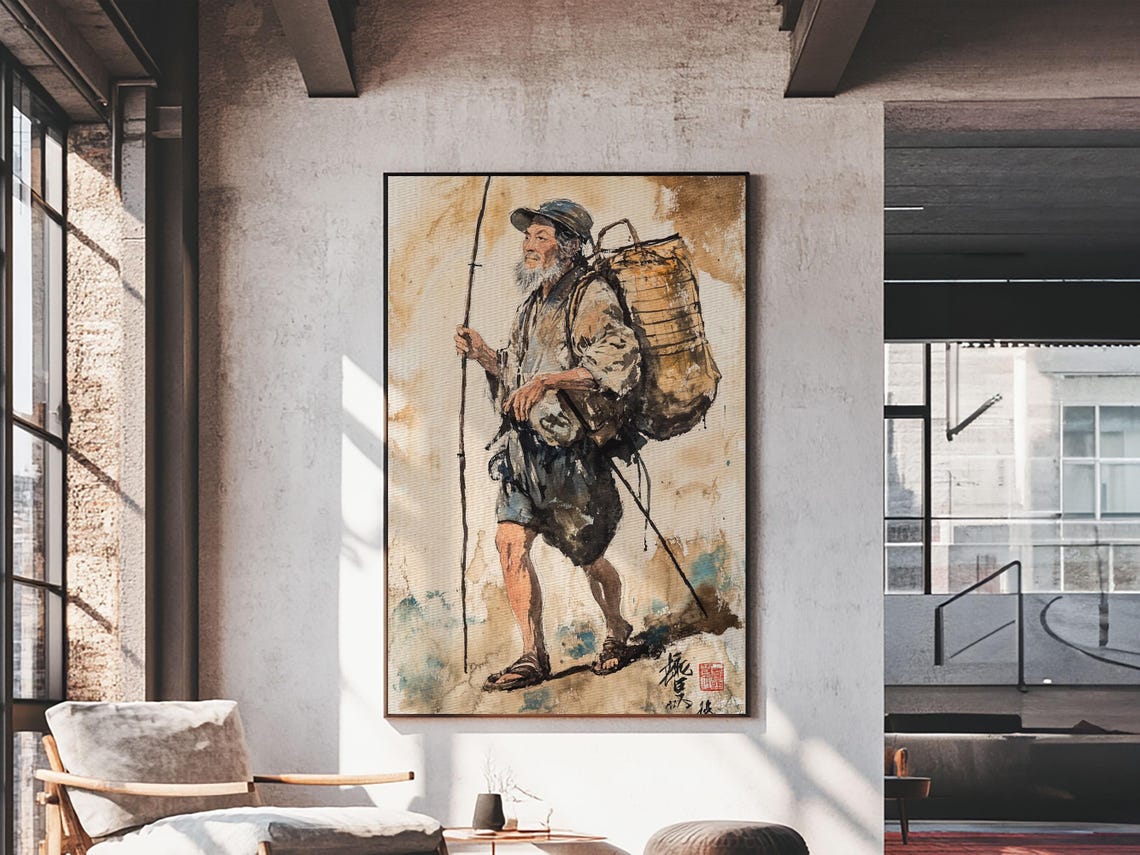 Japanese Fisherman Painting Print Wabi Sabi Wall Art Japanese Style Home Decor Japanese Wood Block Print Style Art - Image 3