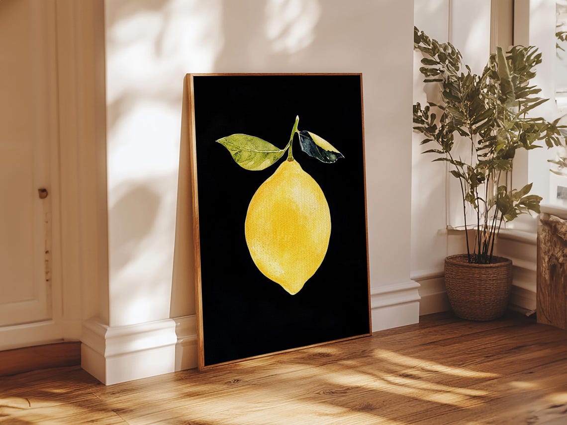 Single Yellow Lemon On Black Botanical Minimalist Fruit Print