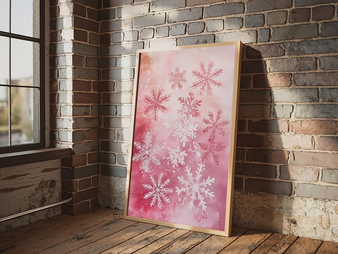 Pink Snowflakes Watercolor Winter Christmas Holiday Art Print - Image 4