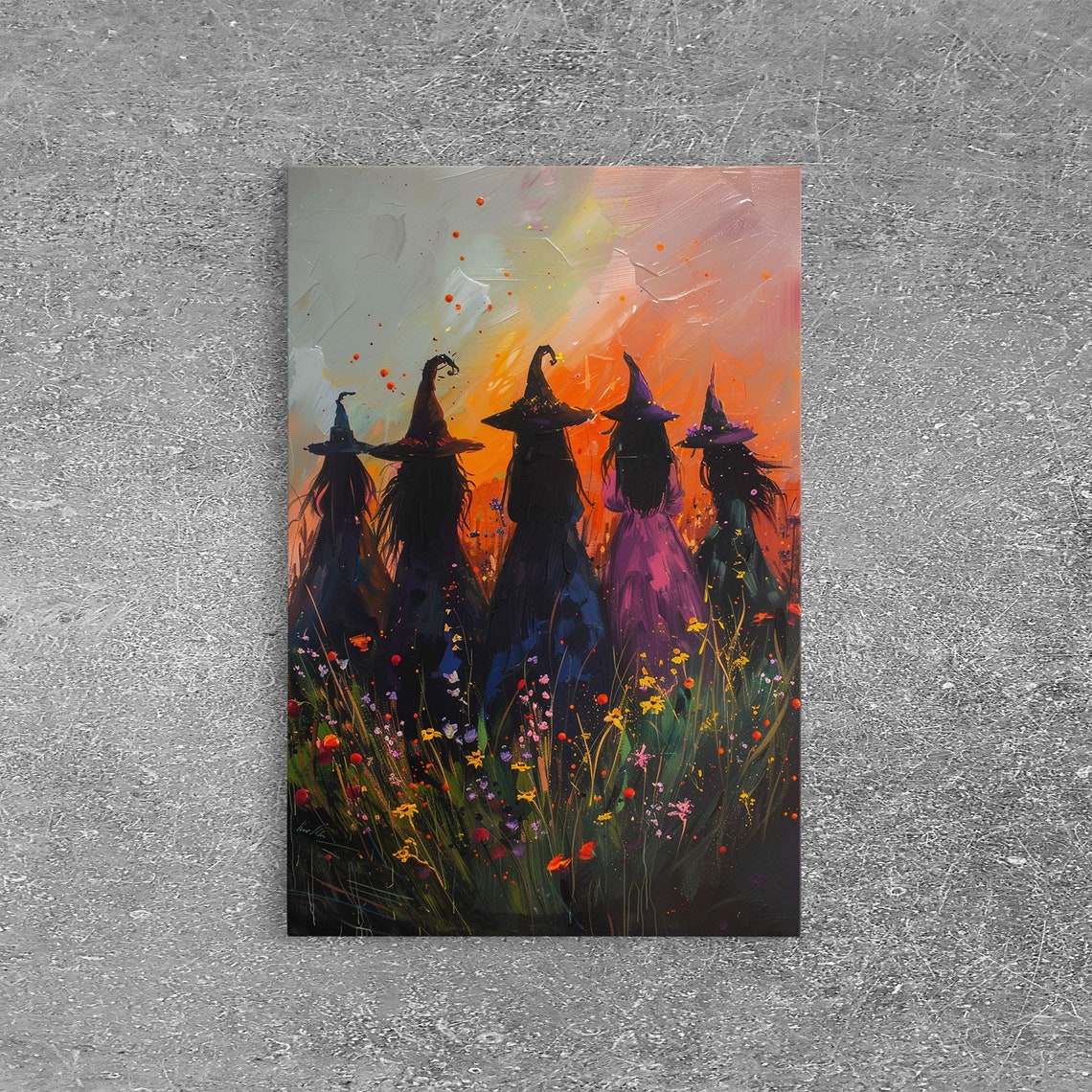 Five Witches Coven Sunset Silhouette Wildflowers Painterly Art Poster - Image 6