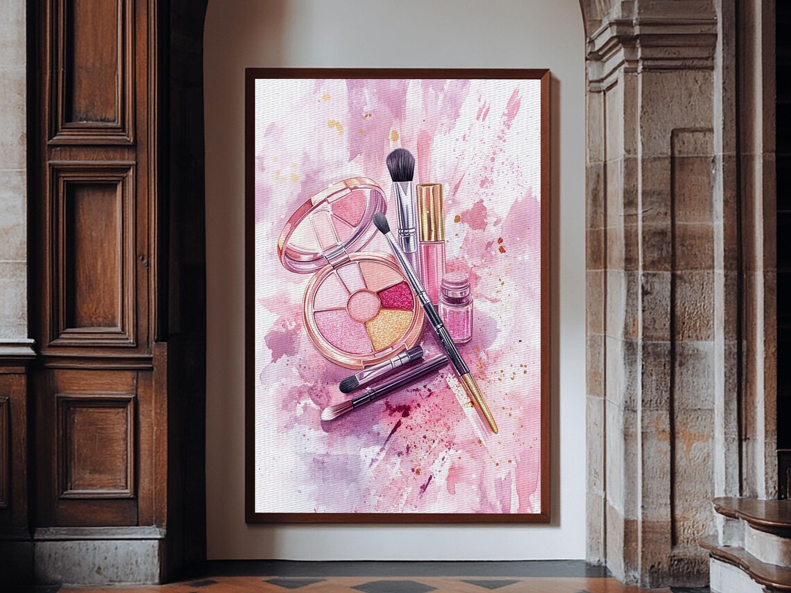 Pink Makeup Set Eyeshadow Brushes Watercolor Art Print Vanity Wall Poster - Image 4