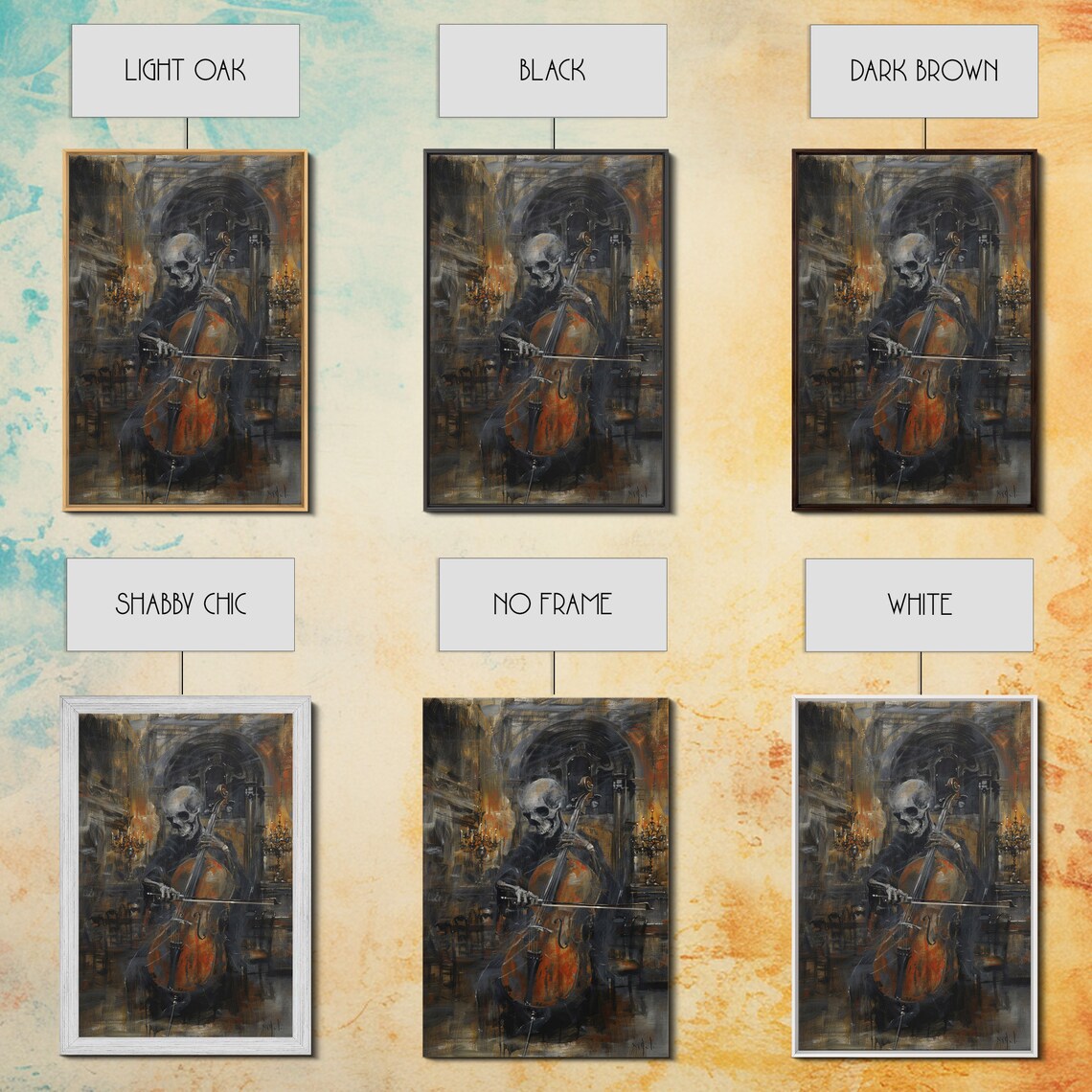 Skeleton Cellist Playing Inside Gothic Cathedral Dark Oil Painting Print - Image 3