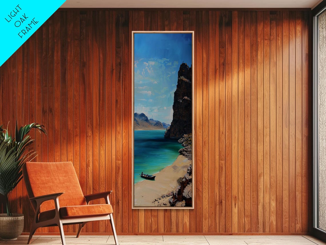 Rocky Cliff Cove Turquoise Bay Sandy Beach Boat Coastal View Poster - Image 5