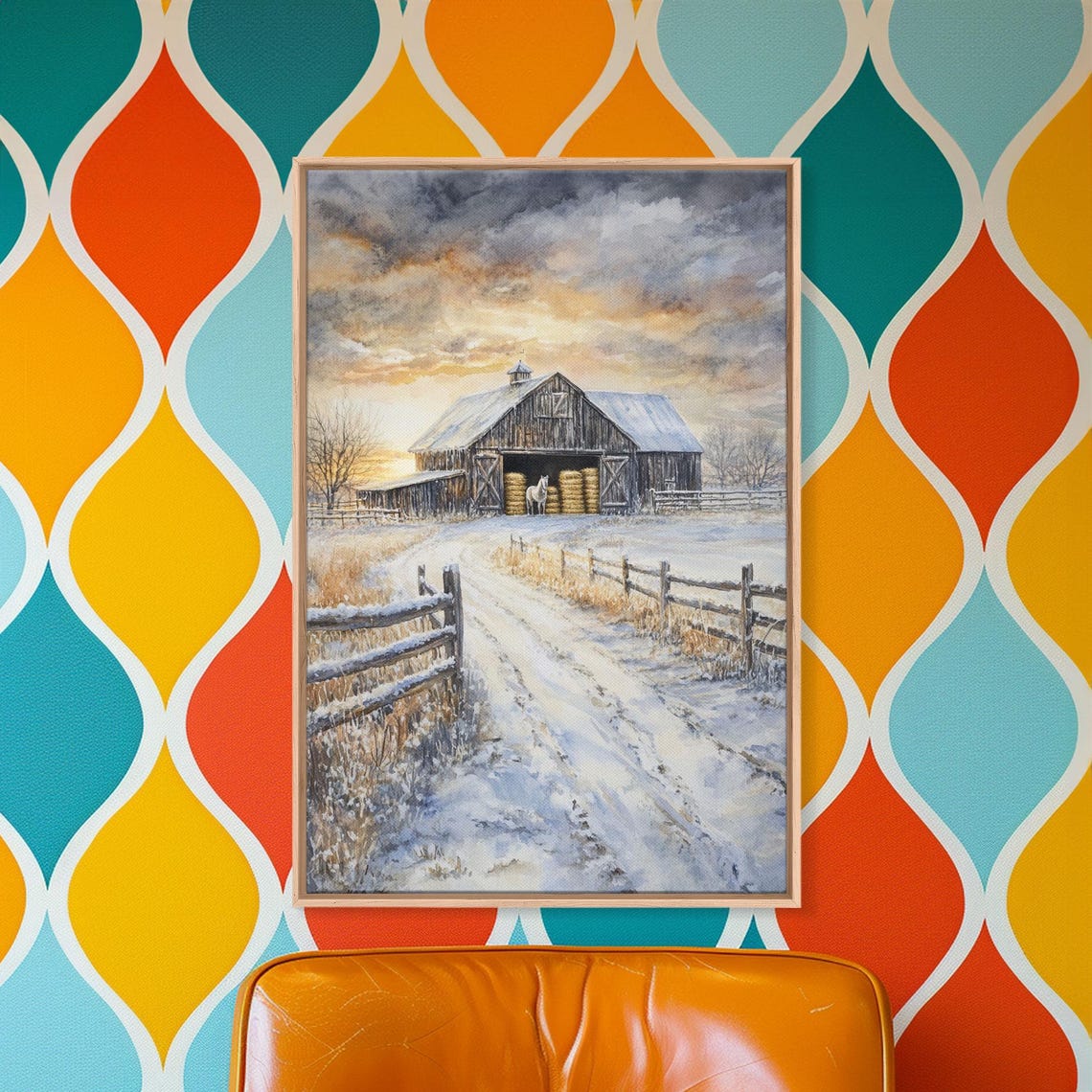 Winter Barn Snow Horse Split Rail Fence Moody Sky Watercolor Wall Art - Image 3