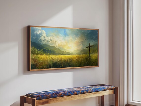 Cross In Golden Field Sunrise Grass Christian Faith Landscape Wall Art Poster