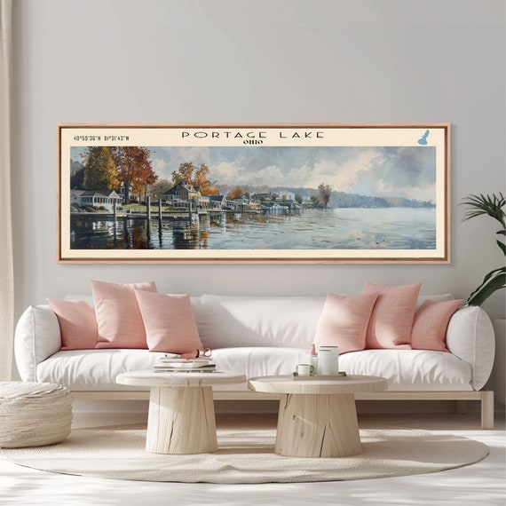 Portage Lakes Ohio Framed Print Lake House Decor Panoramic Wall Art Travel Poster Beautiful Landscape Painting Living Room Decor