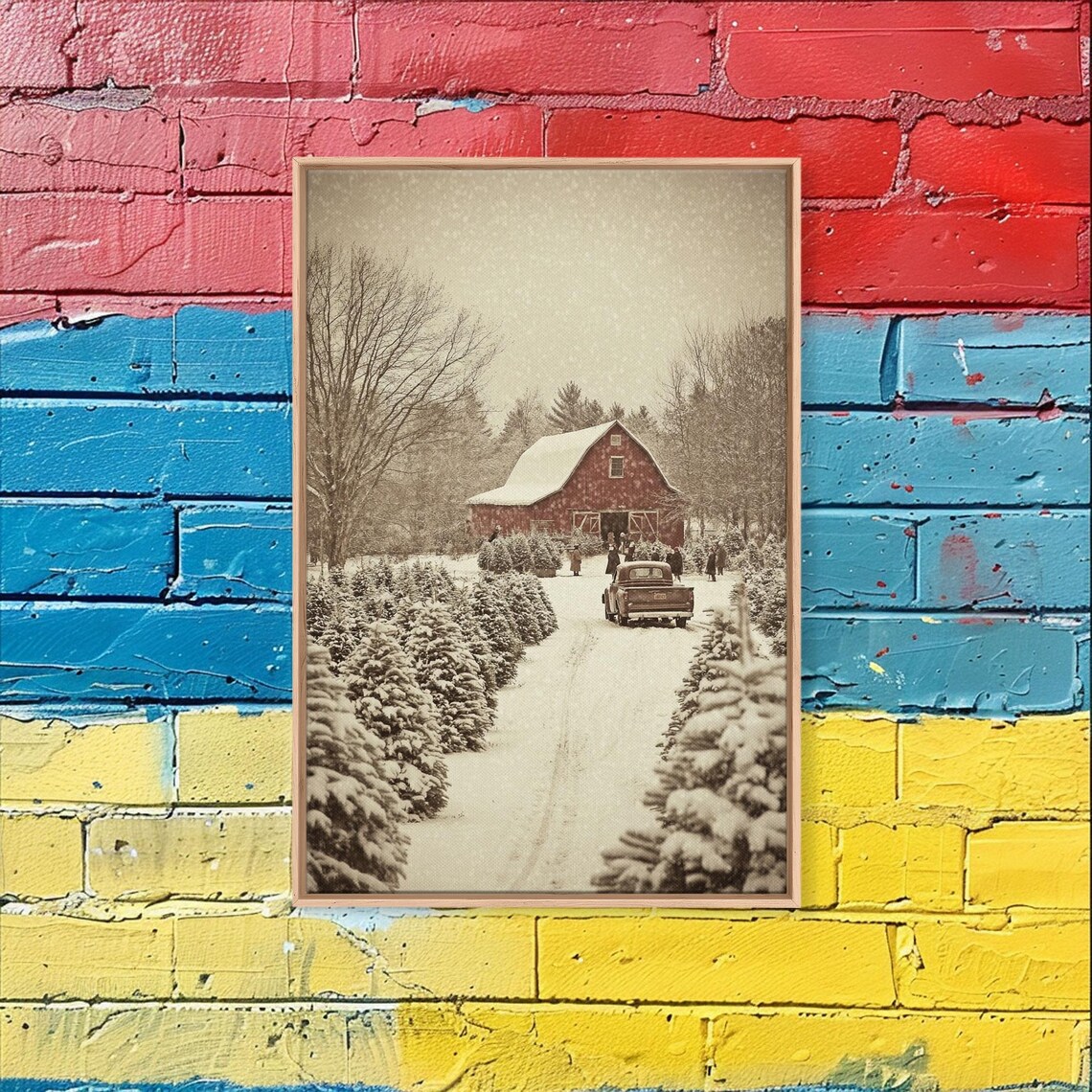 Snowy Red Barn Christmas Tree Farm With Vintage Truck Holiday Poster - Image 4