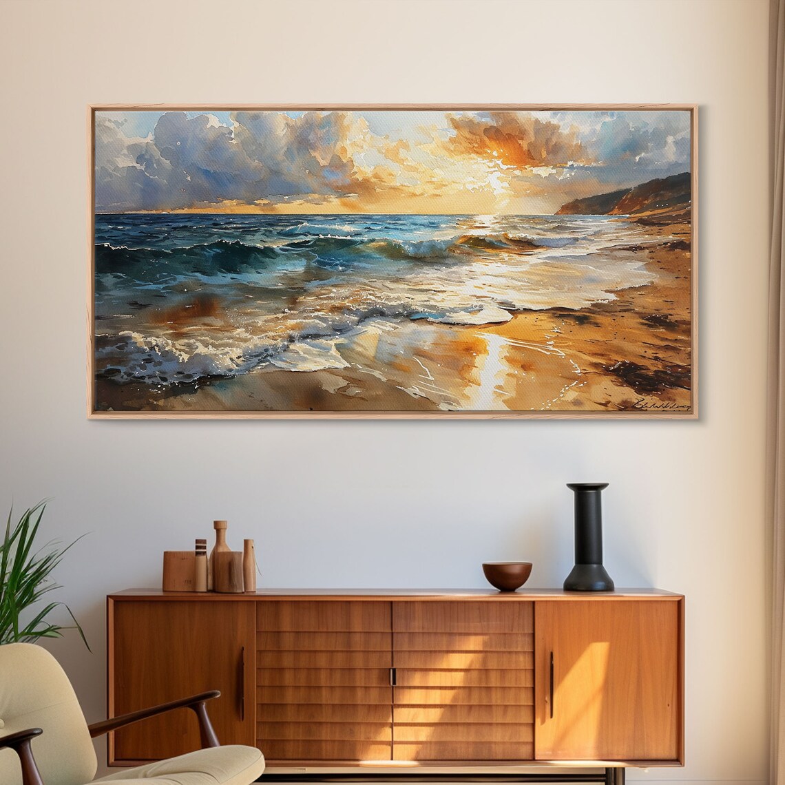 Golden Sunset Beach Waves Ocean Shoreline Watercolor Seaside Poster - Image 6
