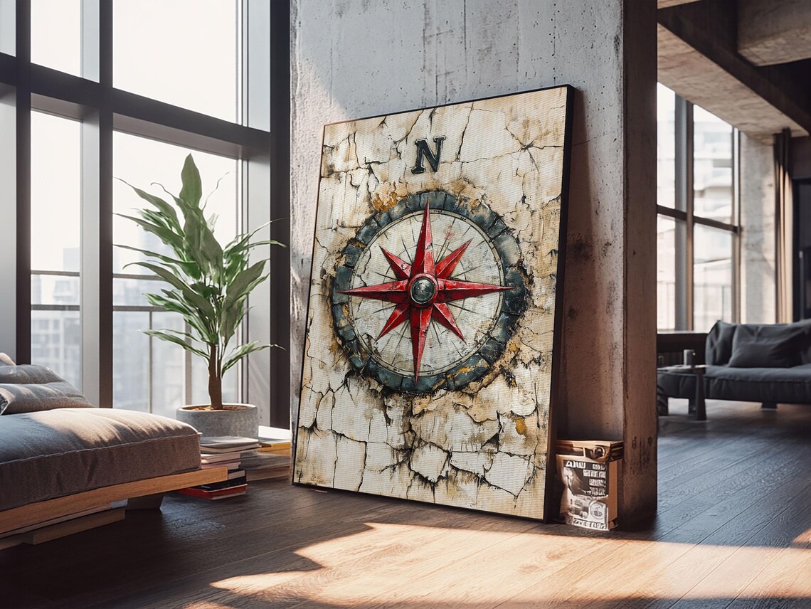 Vintage Compass Rose Art Print, Rustic Home Decor
