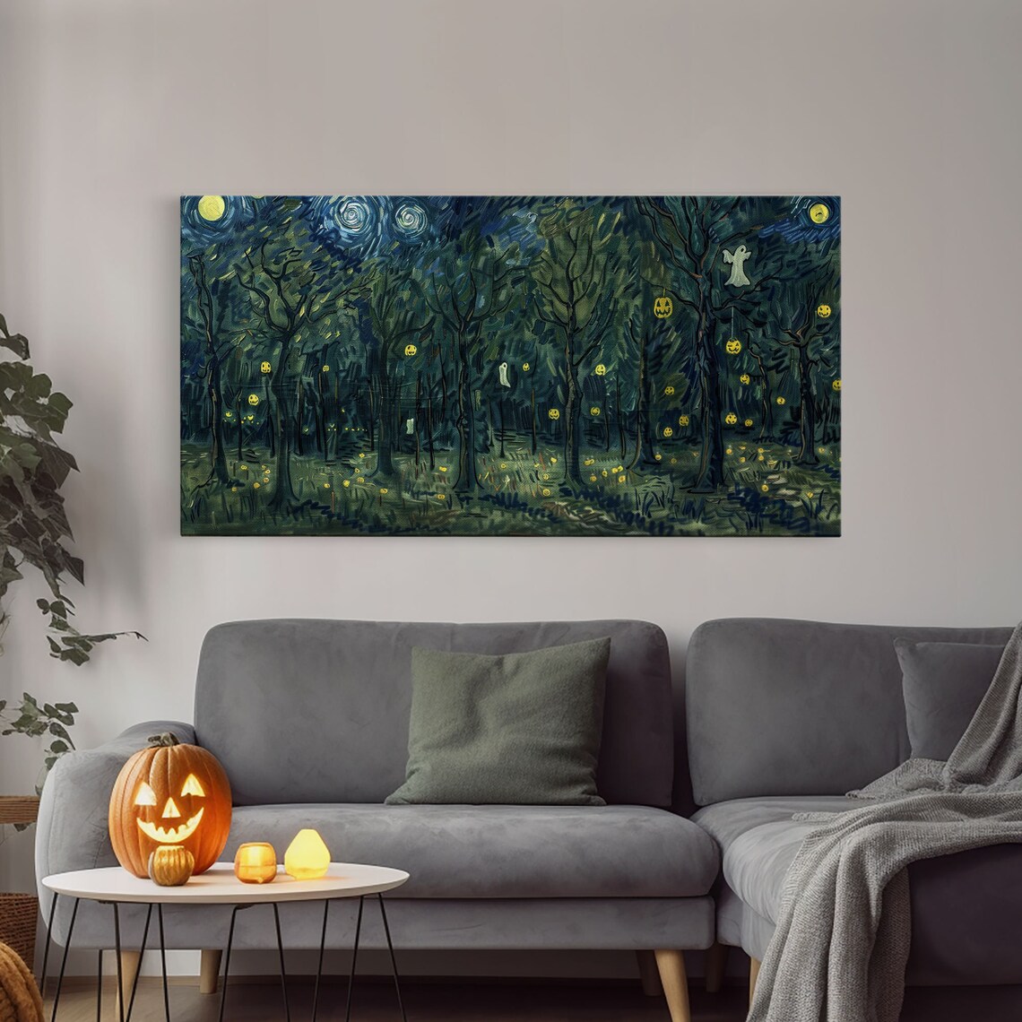 Starry Night Haunted Forest Ghosts Hanging Jack O Lanterns Spooky Poster - Image 4