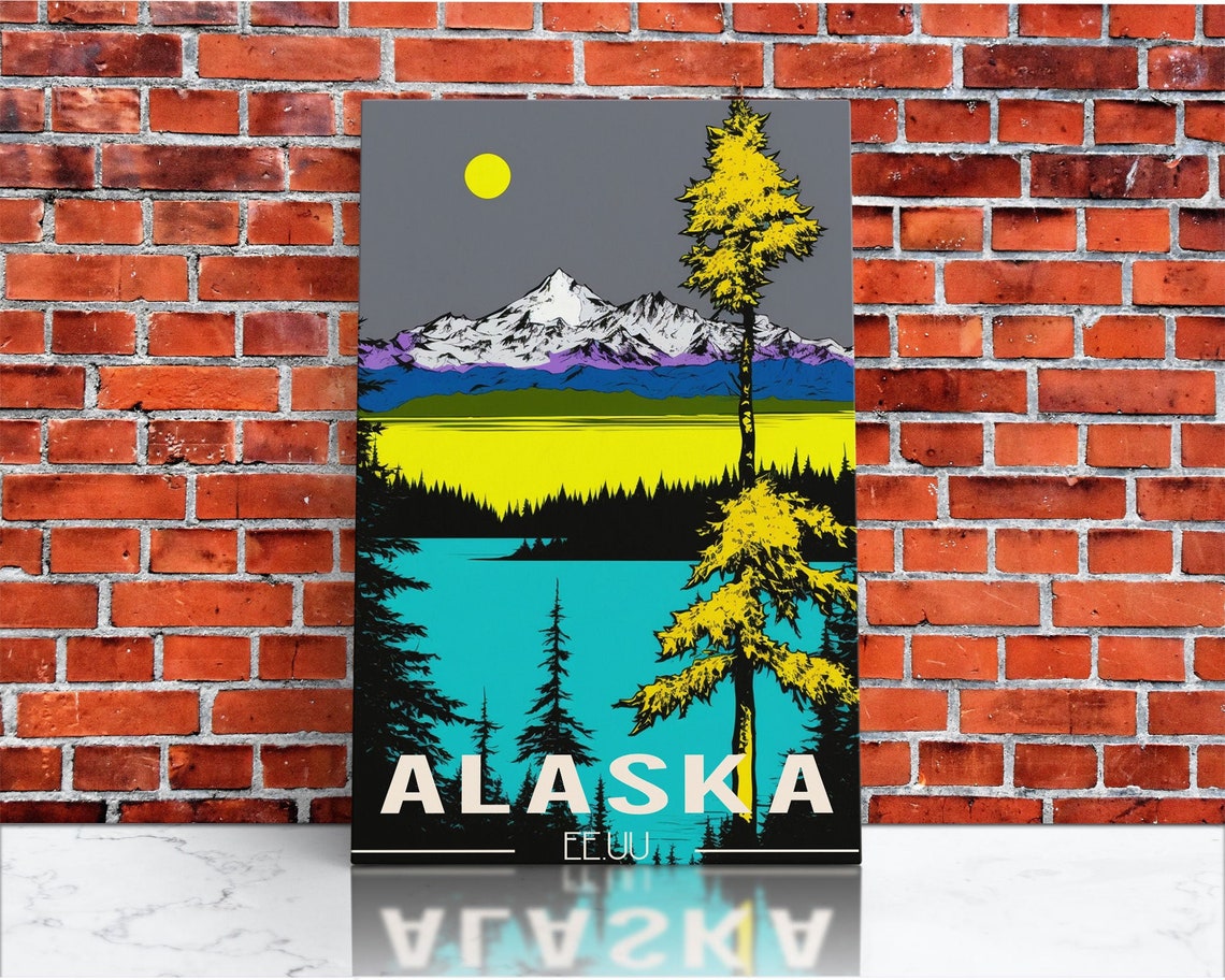 Alaska Snowy Mountain Lake Pine Trees Night Vintage Travel Art Poster - Image 3