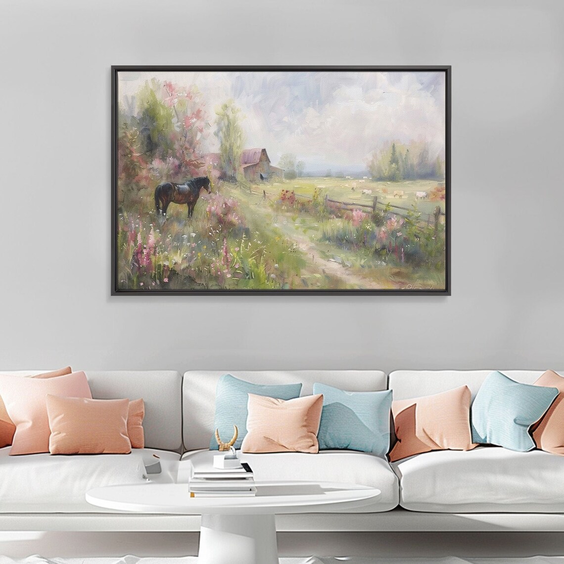 Horse in Wildflower Meadow Watercolor Barn Pasture Countryside Poster