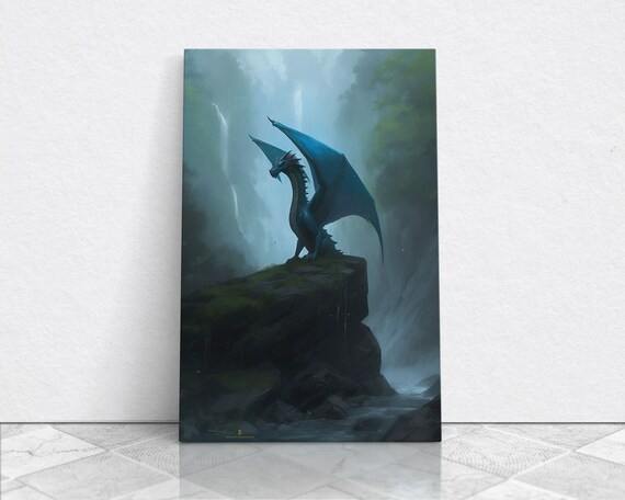 Majestic Forest Dragon Wall Art Framed Print Dragon Fantasy Painting Forest Dragon Behind Secret Waterfalls Abstract Fantasy Art