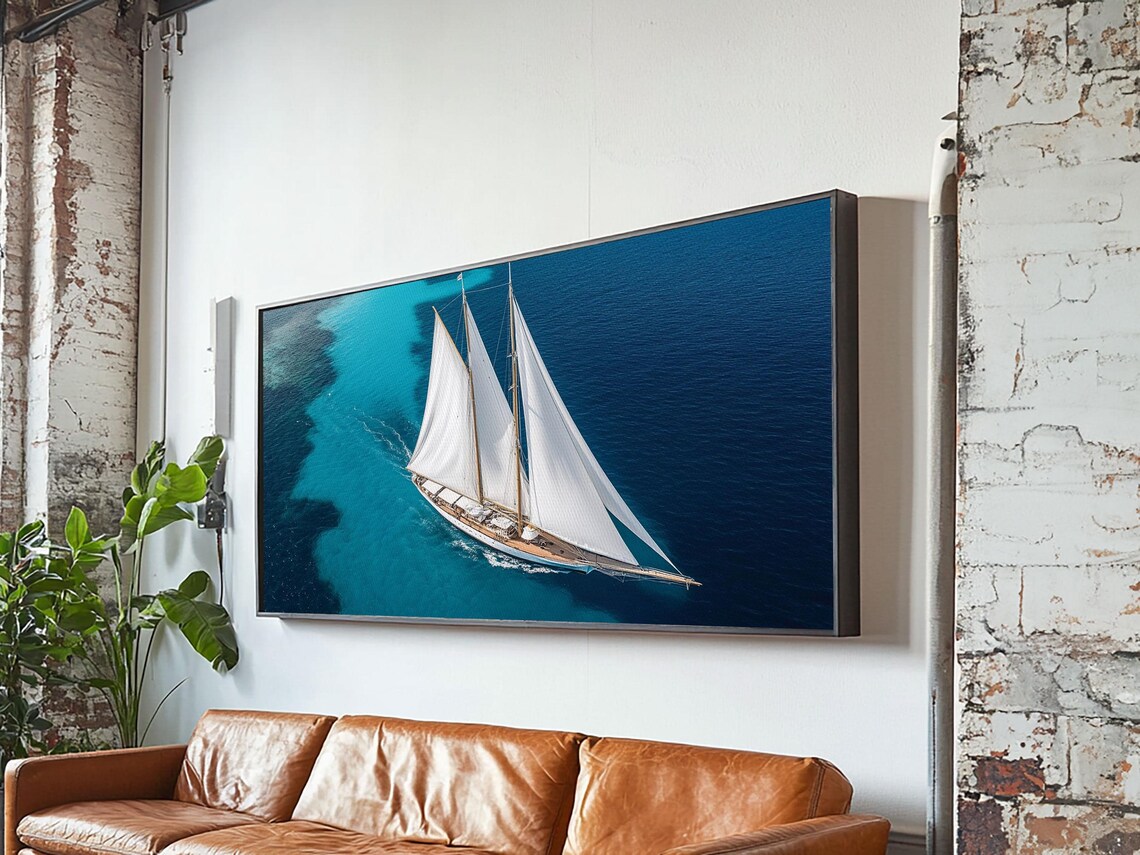 Tall Ship White Sails Turquoise Ocean Aerial Yacht Nautical Travel Poster - Image 3
