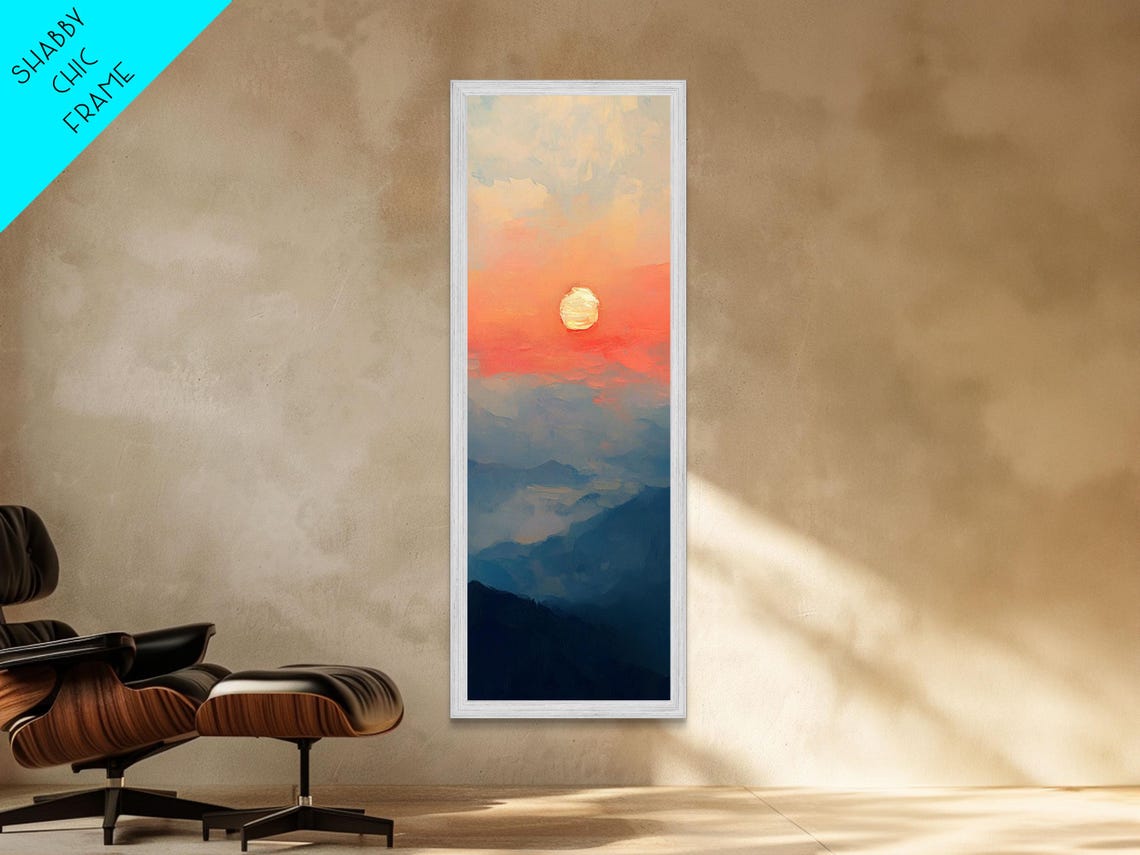 Sunset Over Layered Mountains Coral Sun Misty Peaks Wall Art - Image 2