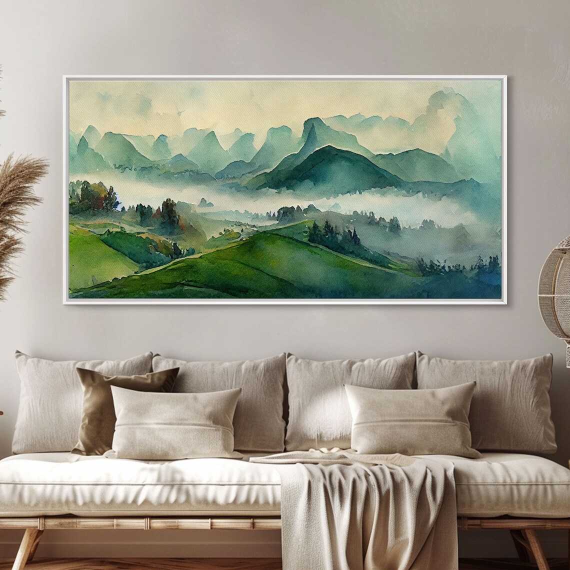 Foggy Mountain Valley Watercolor Panoramic Art Print - Image 4