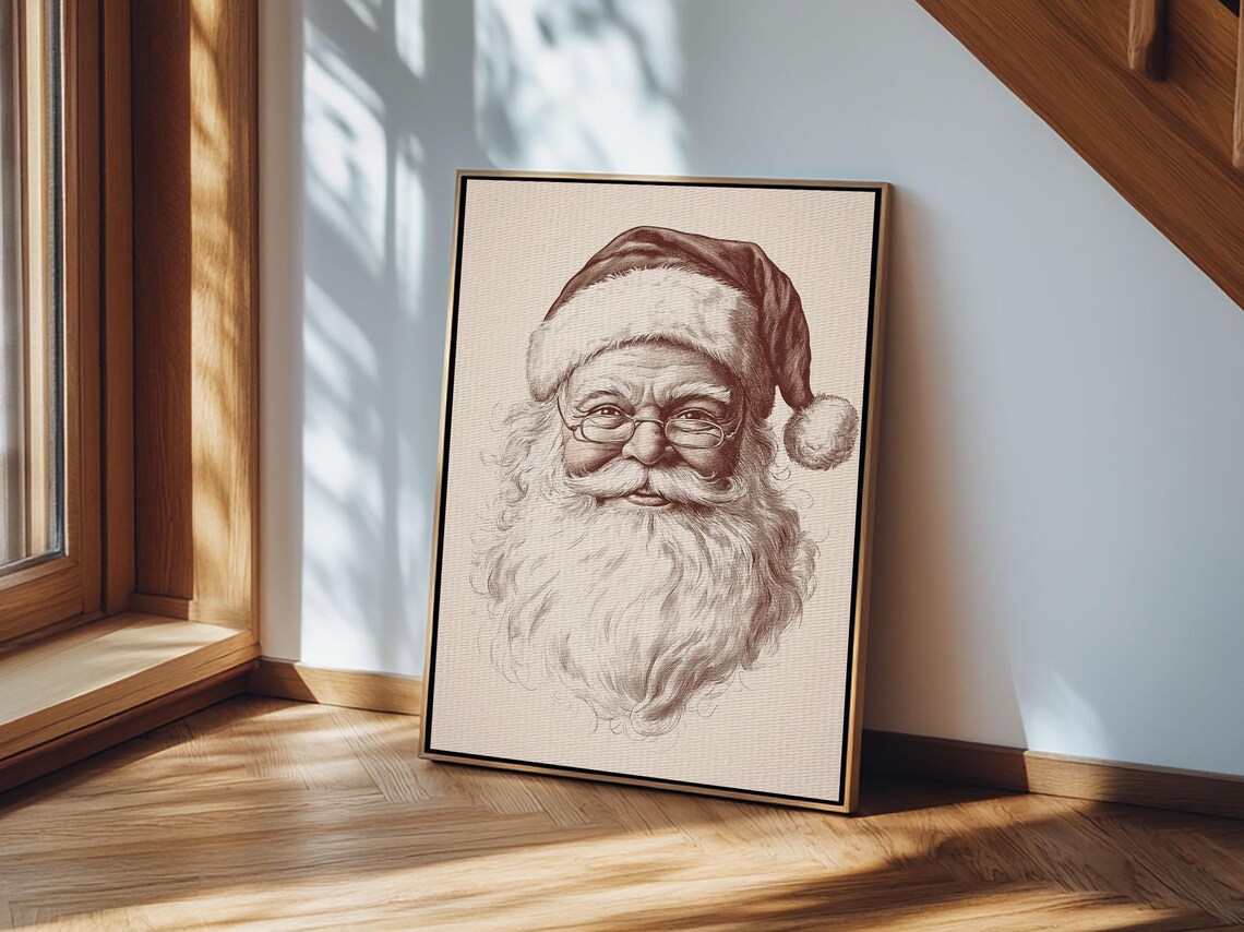 Vintage Santa Claus Portrait With Glasses Sepia Sketch Holiday Poster