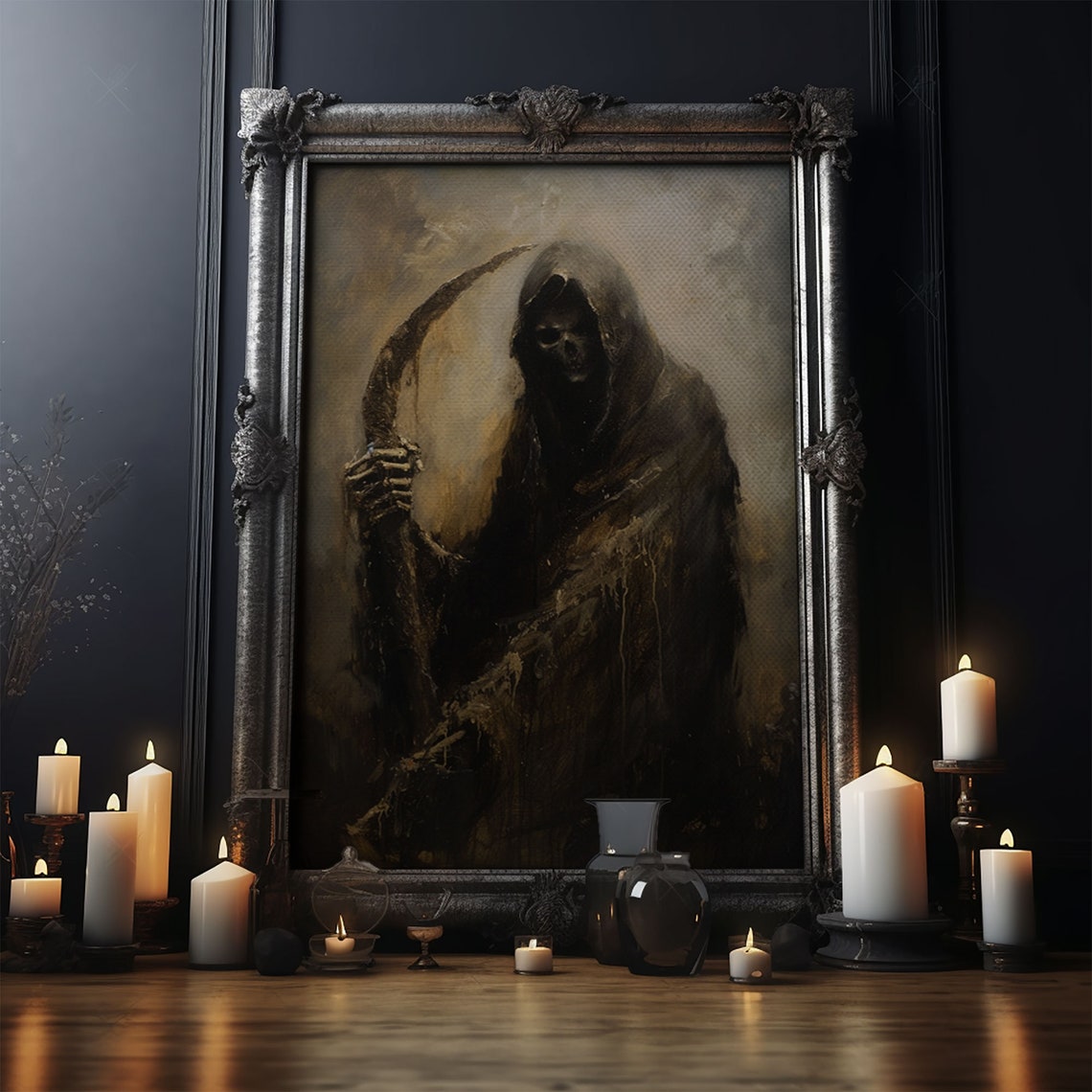 Grim Reaper Scythe Dark Gothic Sepia Oil Painting Horror Poster - Image 5